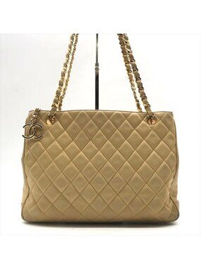 Chanel CC Logo Quilted Lambskin Chain Shoulder Bag Leather Beige